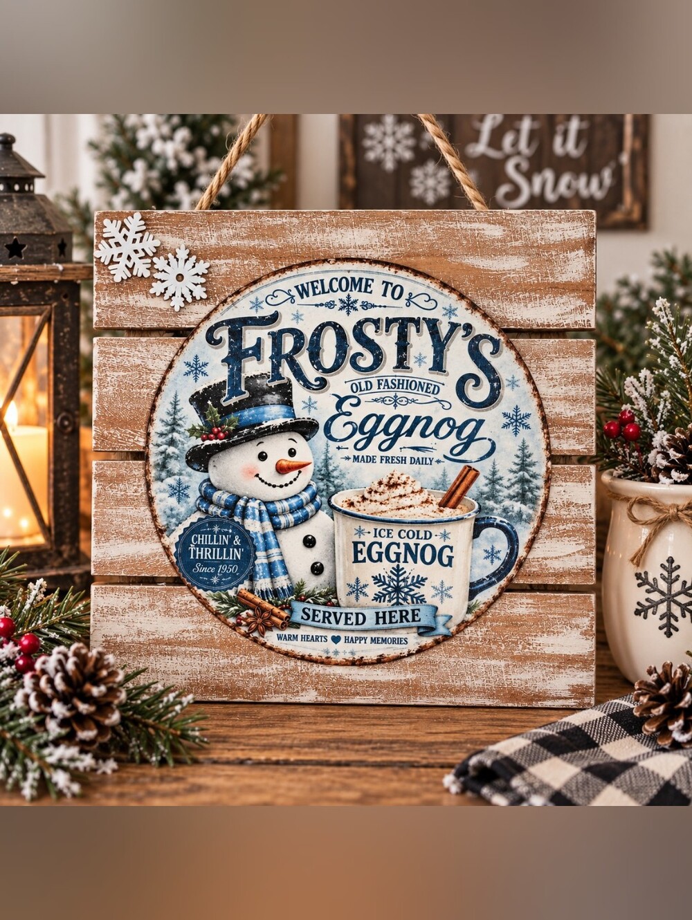 Hand Crafted Frosty's Eggnog Wall Plaque - Blue, White, Brown